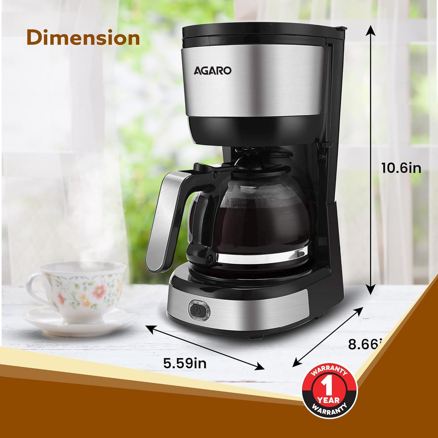AGARO Royal 4 Big Cups Drip Coffee Maker, 600 Ml Borosilicate Glass Carafe Jar, 750W, Water tank with Level Indicator, Brewer Machine with Cone Filter, Auto Shut Off, Stainless Steel Body, Black