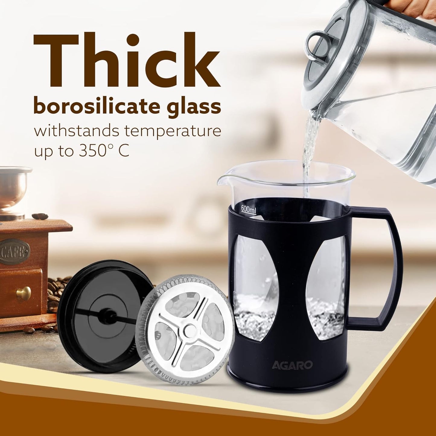 AGARO Elite French Press Coffee And Tea Maker, Borosilicate Glass Body With Sleeves, Glass Carafe, BPA Free Plastic Lid Strainer, 600Ml