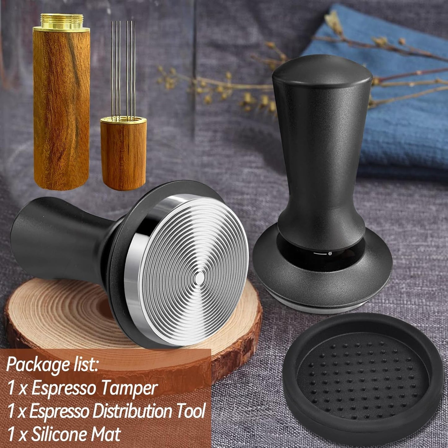 BeanZeek Espresso Tamper 51mm with WDT Tool, Calibrated Spring Loaded Coffee Tamper with Silicone Mat,100% Flat Stainless Steel Base Espresso Tools - Tamper for Espresso Machine