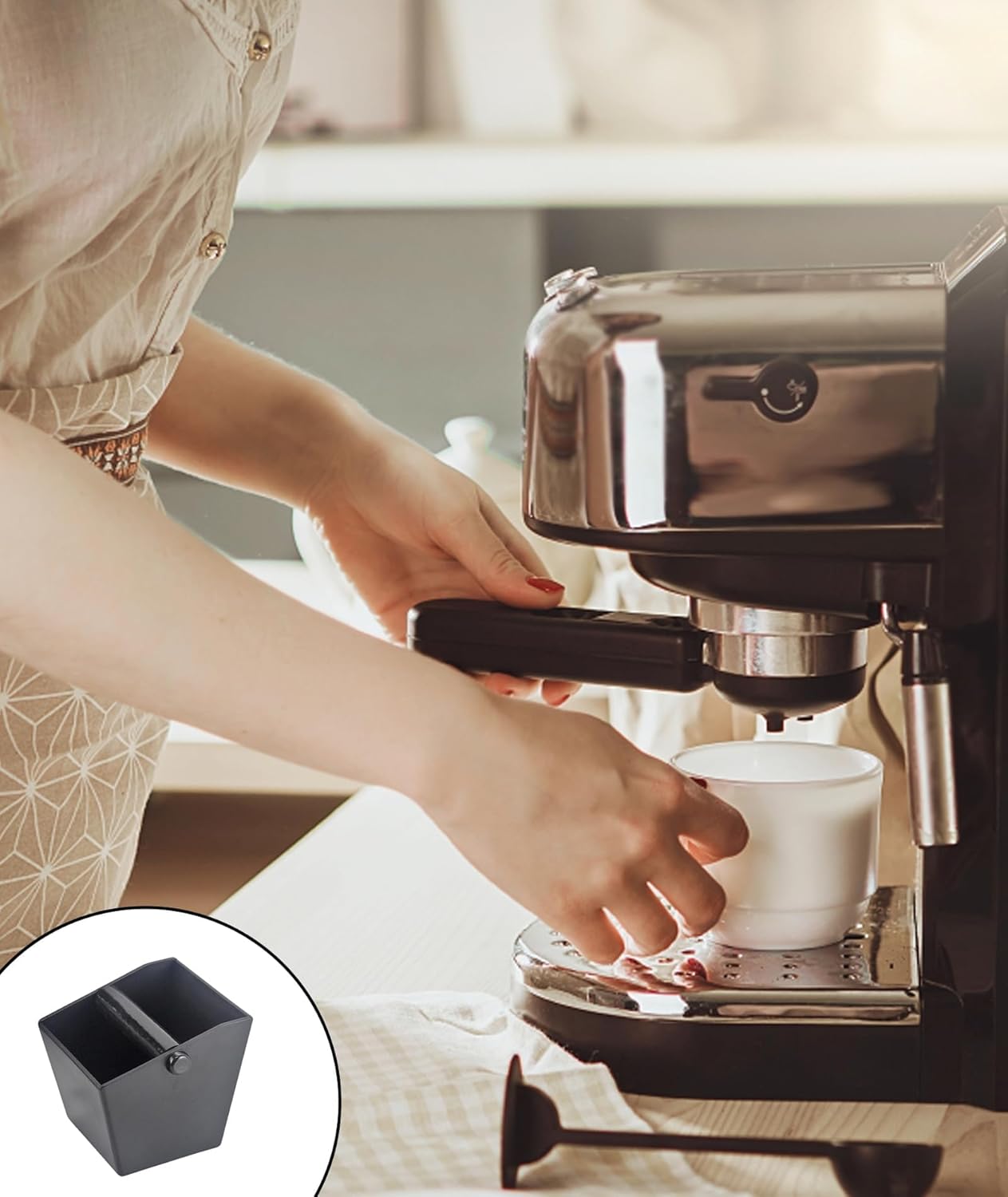 OXYGLOBE Coffee accessories, Espresso Knock Box with Knocking Bar Machine Accessory Suitable Espresso Machine Barista Tools(Matte Black) Kitchen Countertop Organizer