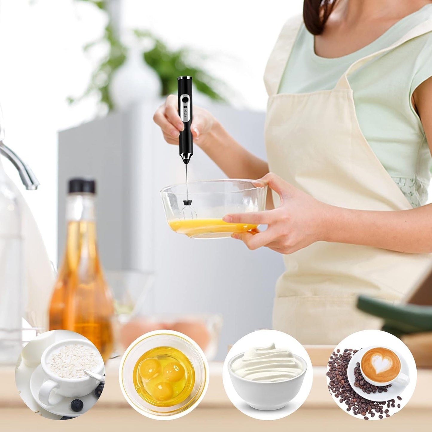 Zuvexa Rechargeable Handheld Milk Frother - 3-Speed Electric Foam Maker for Coffee with 2 Whisks and Coffee Decoration Tool, Coffee Frother Mixer, Stand-up Design, for Cream, Latte, Cappuccino