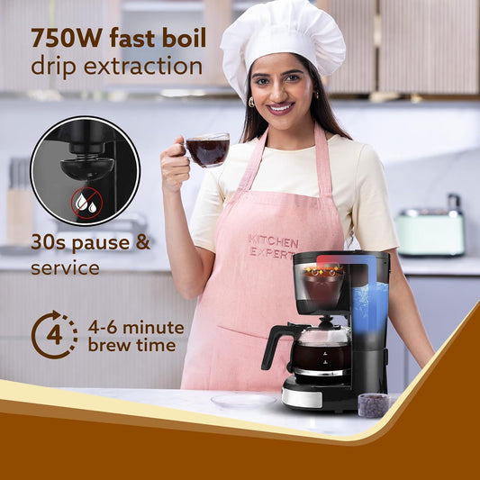 AGARO Royal 4 Big Cups Drip Coffee Maker, 600 Ml Borosilicate Glass Carafe Jar, 750W, Water tank with Level Indicator, Brewer Machine with Cone Filter, Auto Shut Off, Stainless Steel Body, Black