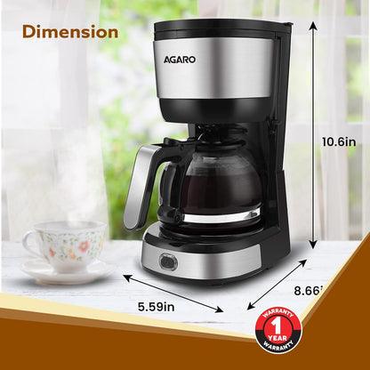 AGARO Royal 4 Big Cups Drip Coffee Maker, 600 Ml Borosilicate Glass Carafe Jar, 750W, Water tank with Level Indicator, Brewer Machine with Cone Filter, Auto Shut Off, Stainless Steel Body, Black