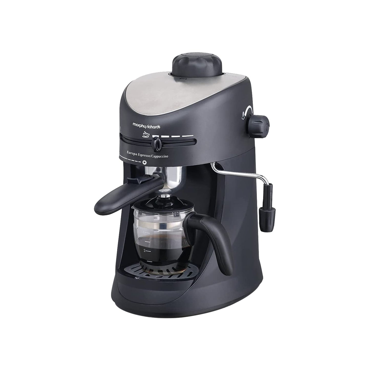 Morphy Richards Europa 800-Watt Espresso and Cappuccino Coffee Maker | Capacity 4-Cup|Coffee Strength Selector|Milk Frothing Nozzle|Removable Drip Tray for Easy Cleaning|2 Year Product Warranty| Black
