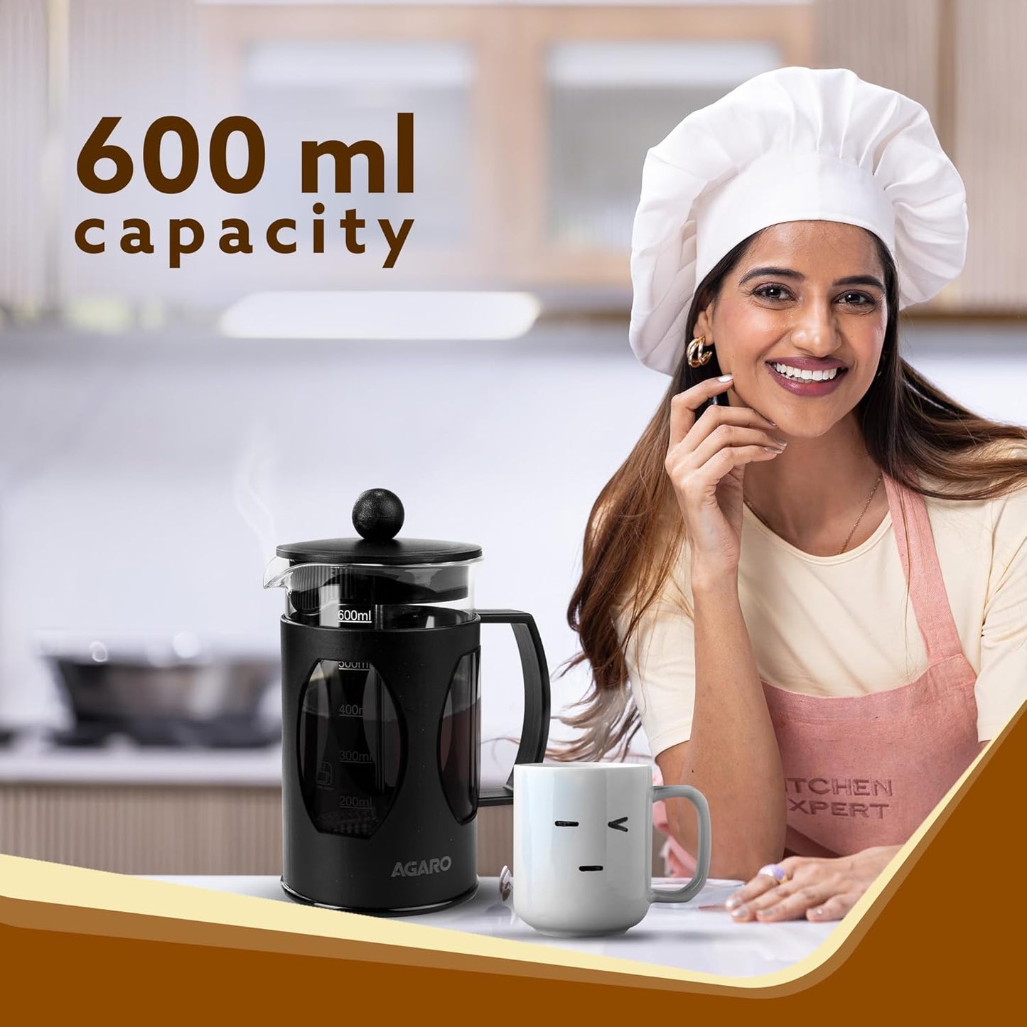 AGARO Elite French Press Coffee And Tea Maker, Borosilicate Glass Body With Sleeves, Glass Carafe, BPA Free Plastic Lid Strainer, 600Ml