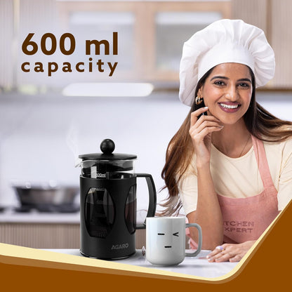 AGARO Elite French Press Coffee And Tea Maker, Borosilicate Glass Body With Sleeves, Glass Carafe, BPA Free Plastic Lid Strainer, 600Ml