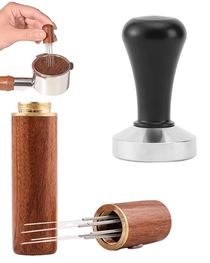 NHCDFA 2 PCS Coffee Accessories, Coffee Puck, Natural Wood Handle and Stand, Coffee Accessories for Espresso Stirring Distribution Barista Home Kitchen Barista