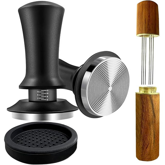 BeanZeek Espresso Tamper 51mm with WDT Tool, Calibrated Spring Loaded Coffee Tamper with Silicone Mat,100% Flat Stainless Steel Base Espresso Tools - Tamper for Espresso Machine