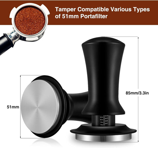 THW® 51mm Stainless steel base Espresso coffee Tamper Calibrated with Barista Coffee Tamper Spring Loaded, 100% Flat Base Tamper for Espresso Machine
